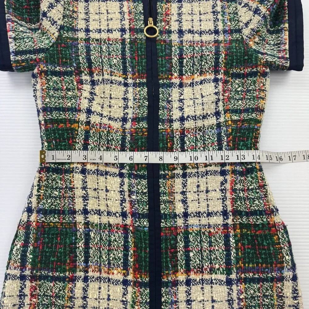 Tory Burch Plaid Tweed Sheath Dress Size 4 Zip Front Pockets Short Sleeve